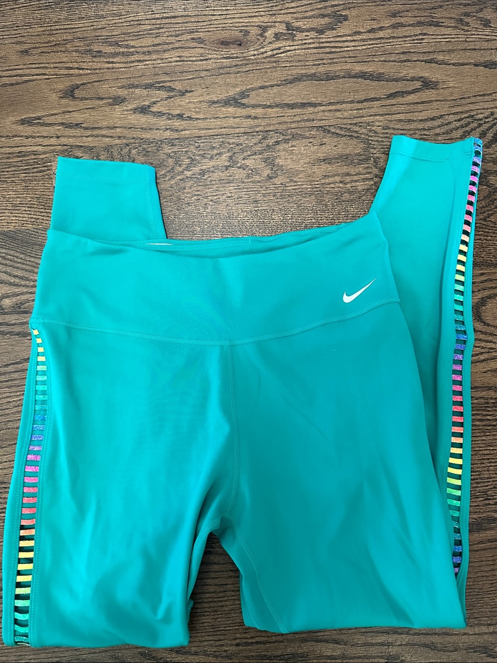 Nike Teal Women's Leggings with Rainbow Side Stripe